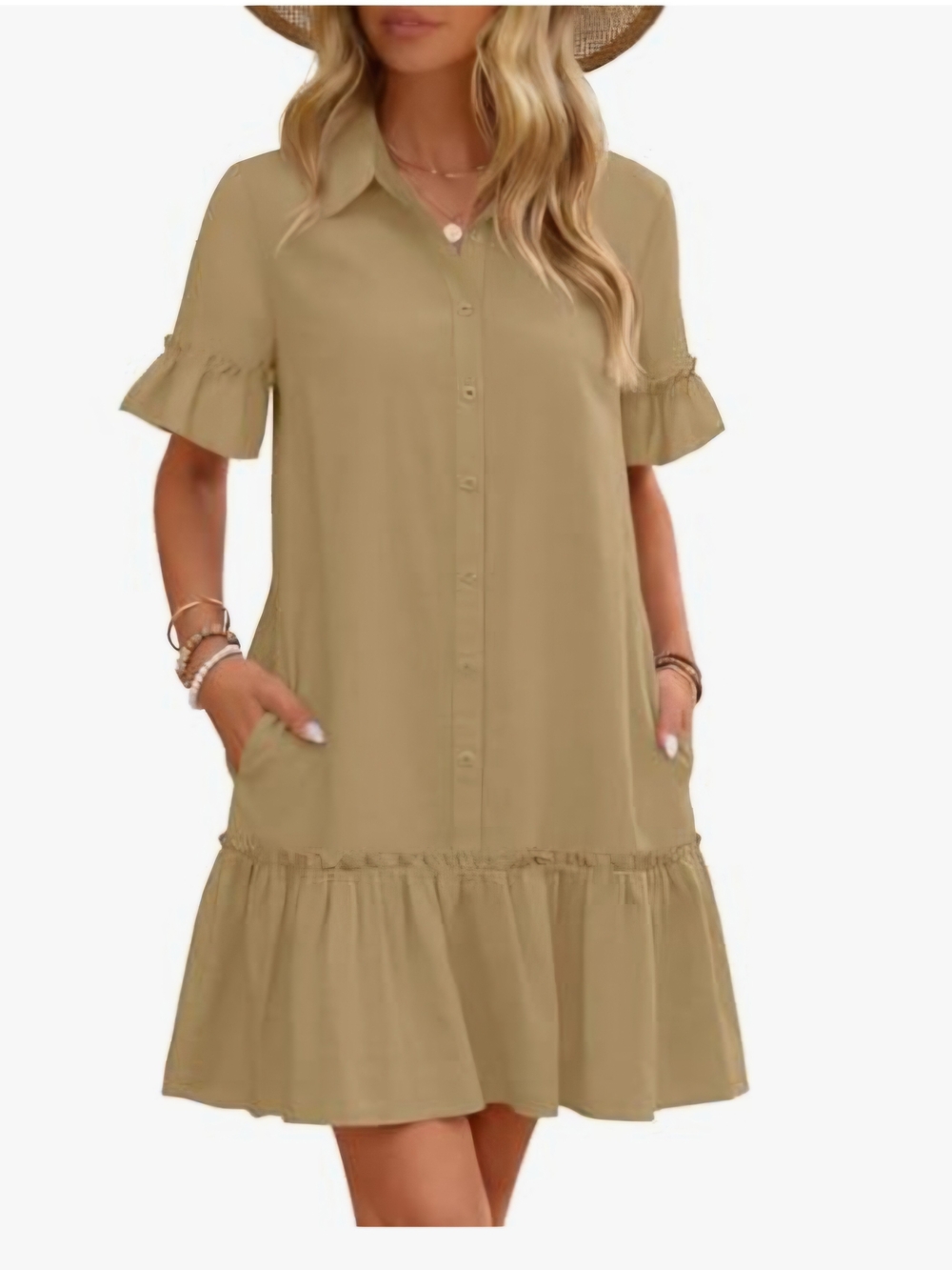 Ruffle-Hem Button Front Mini Dress in Taupe - Picture 2 of 6